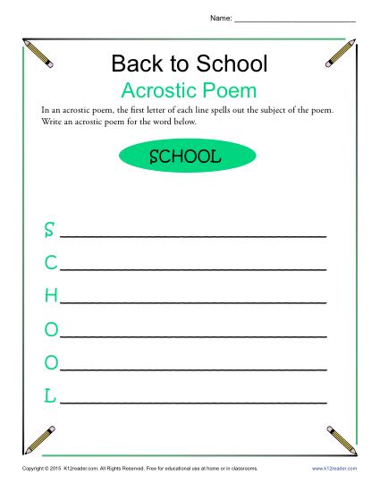 Free, Printable Back to School Acrostic Poem Activity