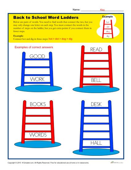 Back to School Word Ladder Activity - Printable Worksheet