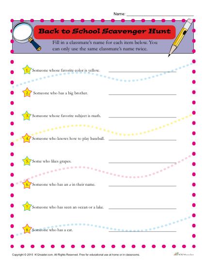 Printable, Free Back to School Scavenger Hunt Activity