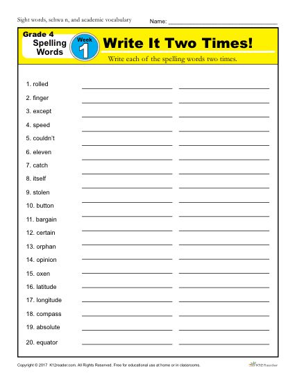 4th Grade Spelling Words - K12reader Weekly Lesson Week 1