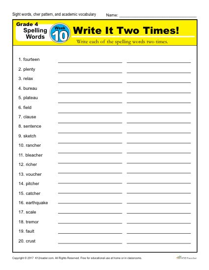 4th Grade Spelling Words - K12reader Weekly Lesson Week 10