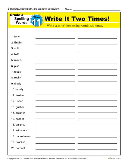 4th Grade Spelling Words - K12reader Weekly Lesson Week 11