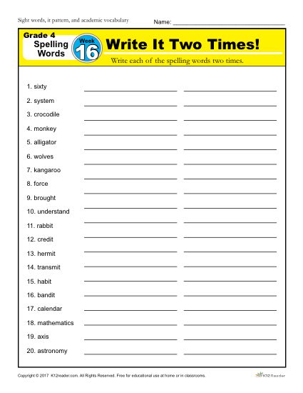 4th Grade Spelling Words - K12reader Weekly Lesson Week 16