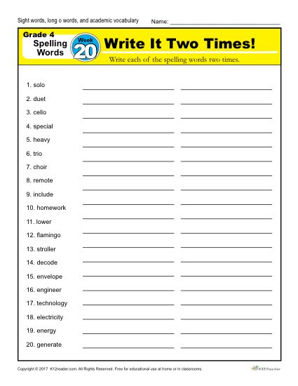 4th Grade Spelling Words - K12reader Weekly Lesson Week 20