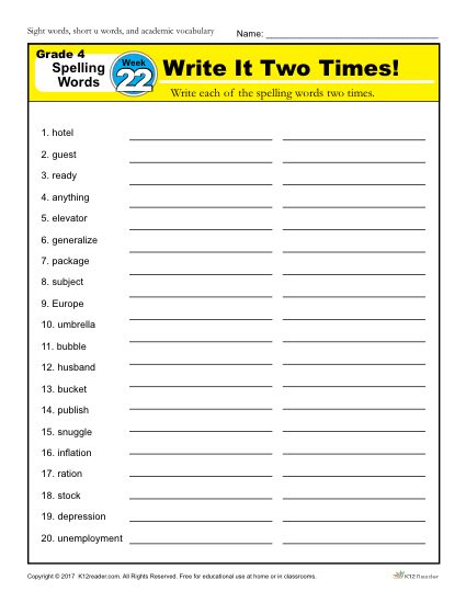 4th Grade Spelling Words - K12reader Weekly Lesson Week 22