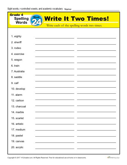 4th Grade Spelling Words - K12reader Weekly Lesson Week 24