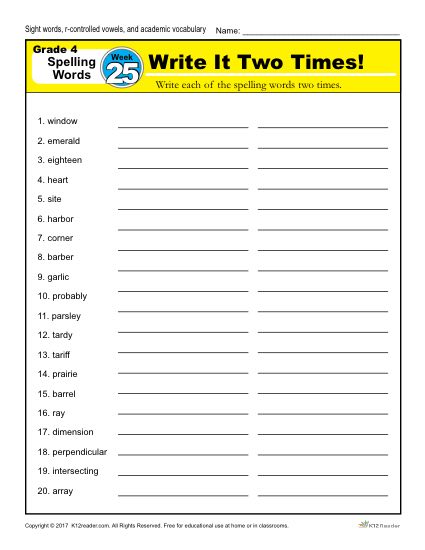 4th Grade Spelling Words - K12reader Weekly Lesson Week 25