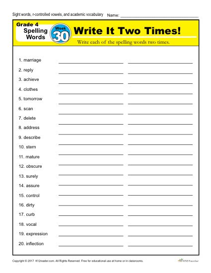 4th Grade Spelling Words - K12reader Weekly Lesson Week 30