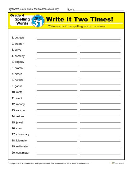 4th Grade Spelling Words - K12reader Weekly Lesson Week 31