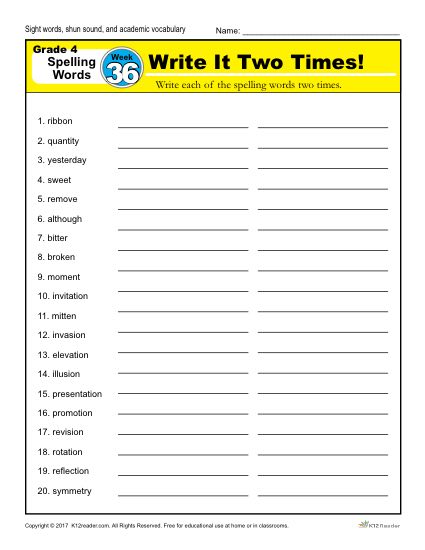 4th Grade Spelling Words - K12reader Weekly Lesson Week 36