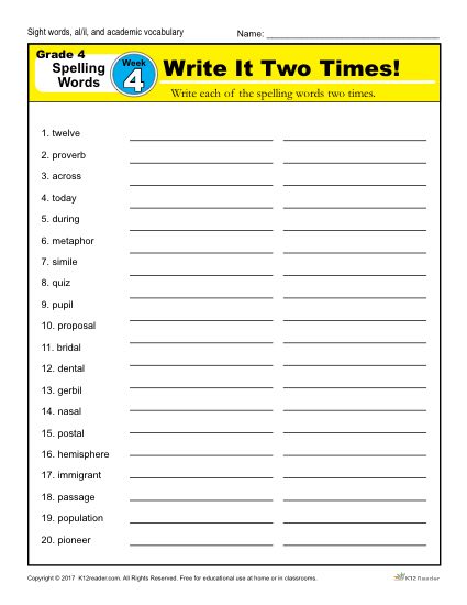 4th Grade Spelling Words - K12reader Weekly Lesson Week 4