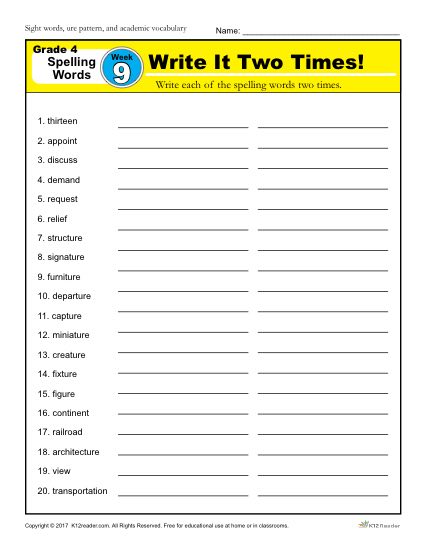 4th Grade Spelling Words - K12reader Weekly Lesson Week 9