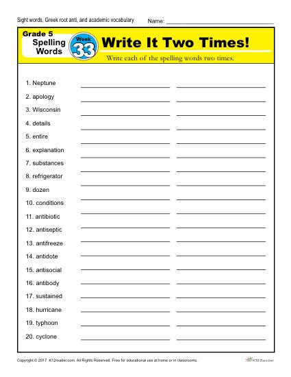 5th Grade Spelling Words - Lesson 33 of 36