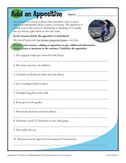 Add an Appositive II - Free, Printable Worksheet Lesson Activity