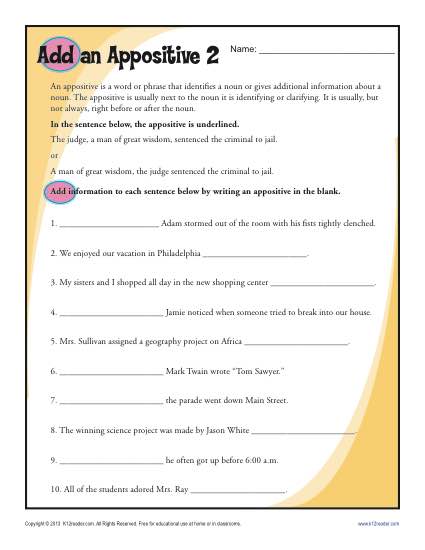 Add an Appositive - Free, Printable Worksheet Lesson