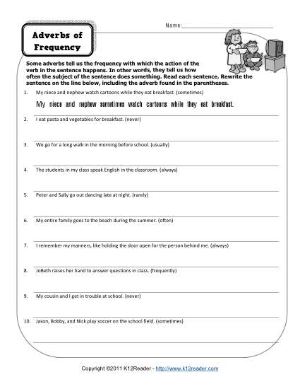 Printable Adverbs Worksheet- Adverbs of Frequency