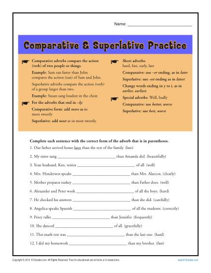 Printable Adverb Practice Worksheet - Comparative and Superlative