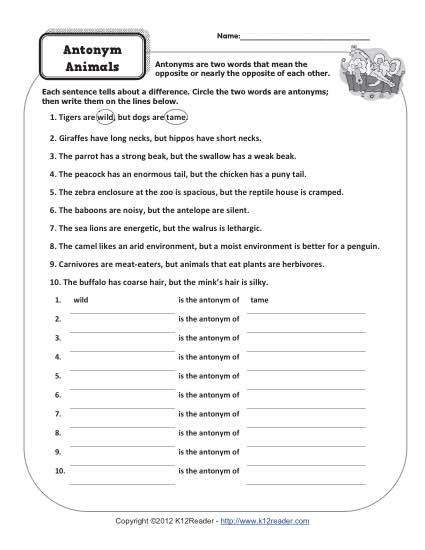 Printable Antonym Activity - Animals
