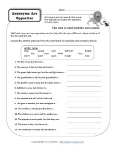 Parts of Speech Printable Activity - Antonyms are Opposites