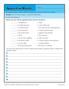 Appositives Match - Free, Printable Appositive Worksheet Activity