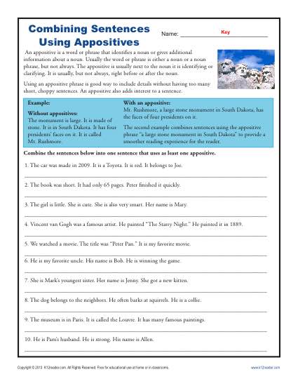 Combining Sentences with Appositives - Free, Printable Practice Activity