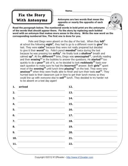 Printable Antonym Worksheet - Fix the Story