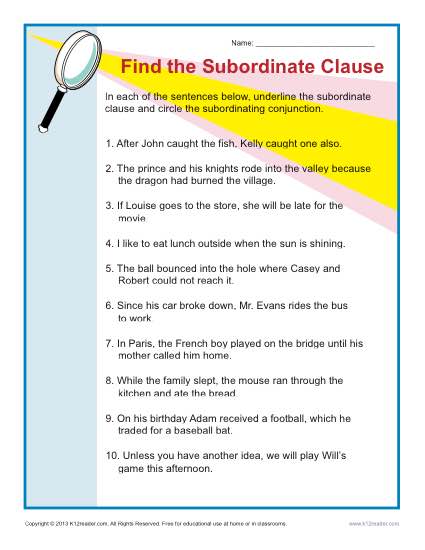 Printable Subordinate Clause Worksheet