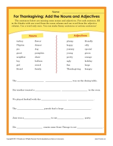 Noun and Adjective Thanksgiving Worksheet