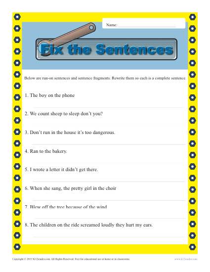 Printable Writing Exercise - Fix the Sentences