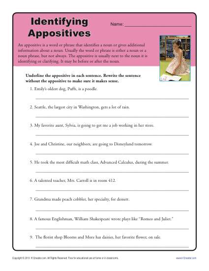 Identify the Appositives - Free, Printable Appositive Worksheet Activity
