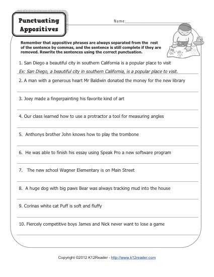 Punctuating Appositives - Free, Printable Appositive Worksheet Practice Activity