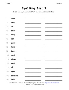 1st Grade Spelling List Week 1
