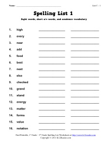 1st Grade Spelling List Week 1