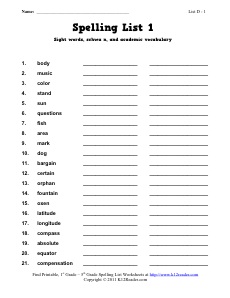 1st Grade Spelling List Week 1