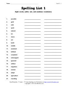 1st Grade Spelling List Week 1
