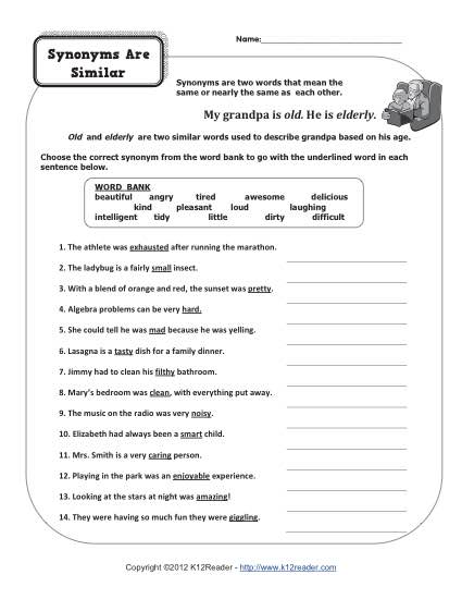 Printable Parts of Speech Worksheet - Synonyms