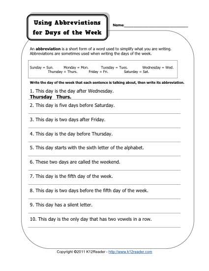 Using Abbreviations for Days of the Week - Free, Printable Abbreviation Worksheet