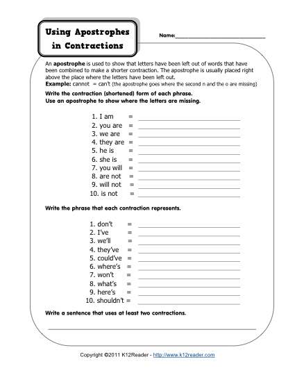 Using Apostrophes in Contractions - Free, Printable Apostrophe Worksheet