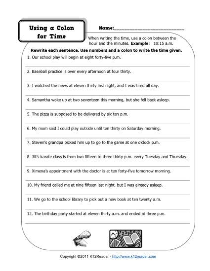 Using Colons for Time - Free, Printable Worksheet