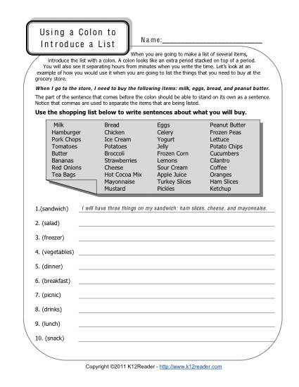 Using a Colon to Introduce a List - Free, Printable Colon Worksheet Activity