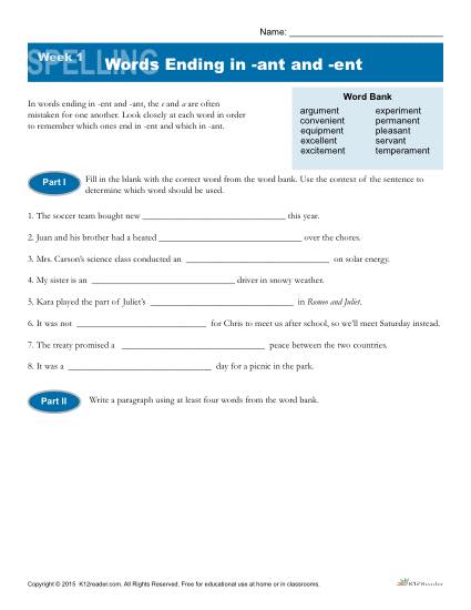 High School Spelling Words Worksheets – Week 1 - Words Ending in -ant and -ent