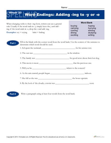 High School Spelling Words Worksheets - Week 20 - Word Endings: Adding -ing to -y or -e