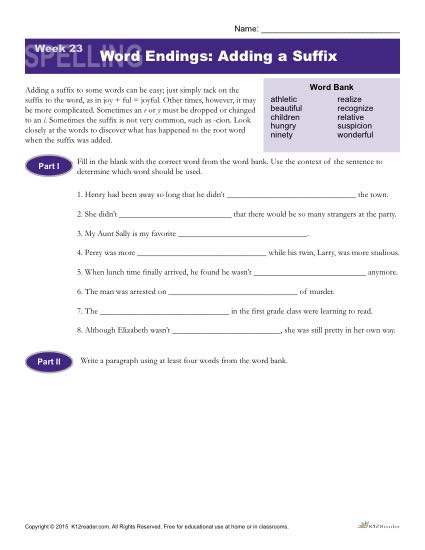 High School Spelling Words Worksheets - Week 23 - Word Endings: Adding a Suffix
