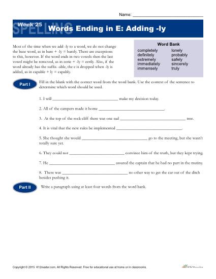 High School Spelling Words Worksheets - Week 25 - Words Ending in E: Adding -ly