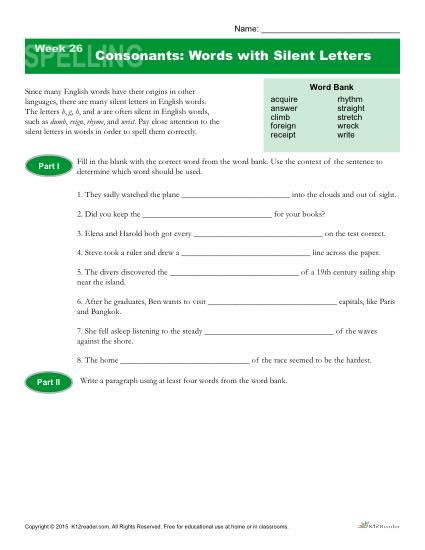 High School Spelling Words Worksheets - Week 26 - Consonants with Silent Letters