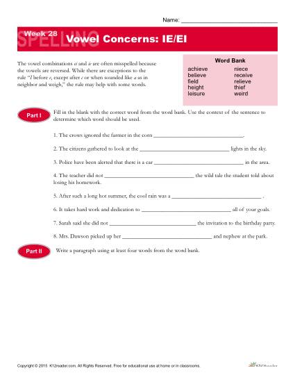 High School Spelling Words Worksheets - Week 28 - Vowel Concerns: IE/EI