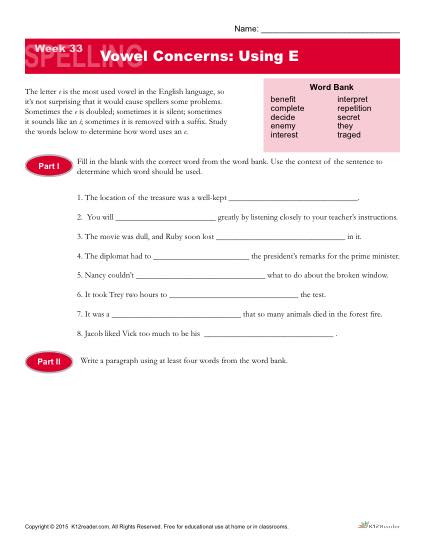 High School Spelling Words Worksheets - Week 33 - Vowels: Using E