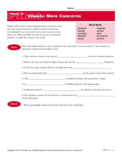 High School Spelling Words Worksheets - Week 35 - Vowels: More Concerns