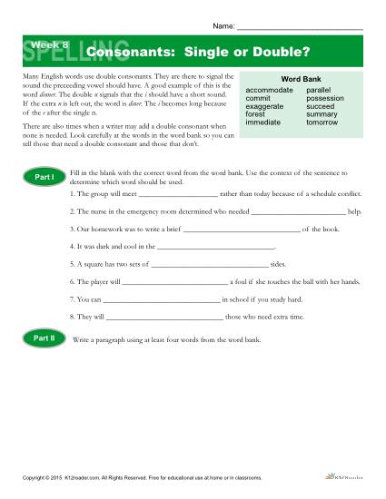 High School Spelling Words Worksheets – Week 8 – Single or Double
