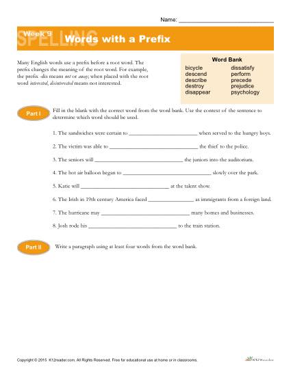 High School Spelling Words Worksheets – Week 9 – Words with a Prefix